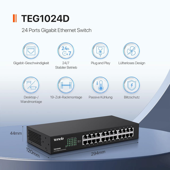 Tenda TEG1024D 24 Port Switch 19 Zoll Rackeinbau Gigabit Switch (Plug-and-Play, 48 Gbit/s Switching-
