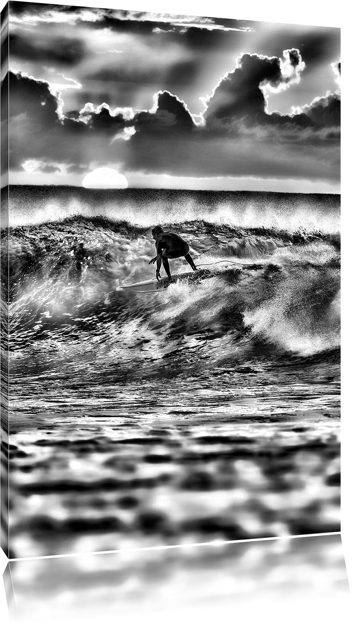 Pixxprint Monocrome, Surfen im Sonnenuntergang, Wellenreiten, Format: 100x70 auf Leinwand, 100x70