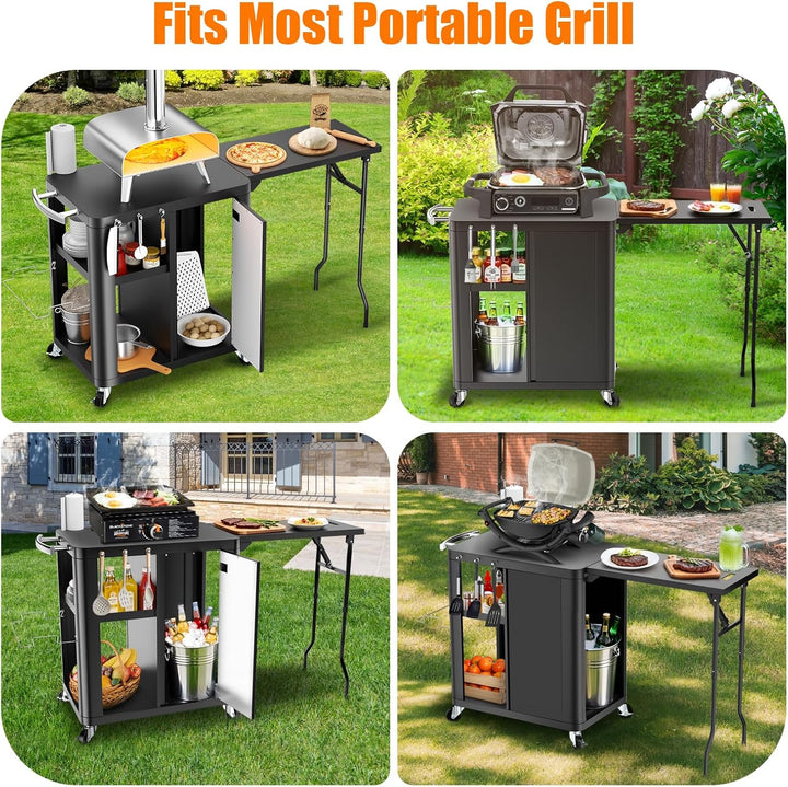 GFTIME Grillwagen, Grilltisch mit klappbarer Beistelltisch, Outdoorküche mit Haken, Aufbewahrungsreg