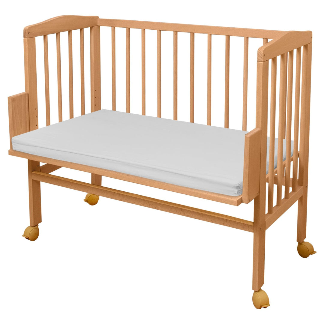 Waldin Beistellbett mit Matratze, höhen-verstellbar, Holz Natur unbehandelt,Grosse Liegefläche 90x55