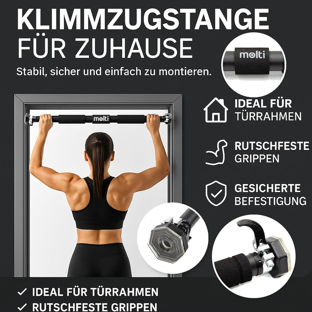 molti Klimmzugstange Türrahmen, verstellbar 63–100 cm, ohne Bohren montierbar, rutschfeste Griffe, b