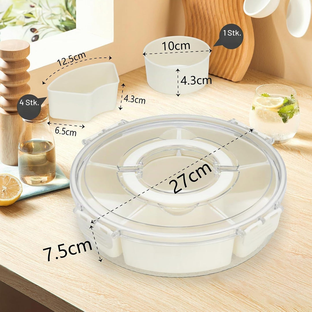 Cozary Rundes Snackbox Snackteller 27cm mit 6 Fächern und 360° Drehteller mit Deckel, PET+PP, ideal