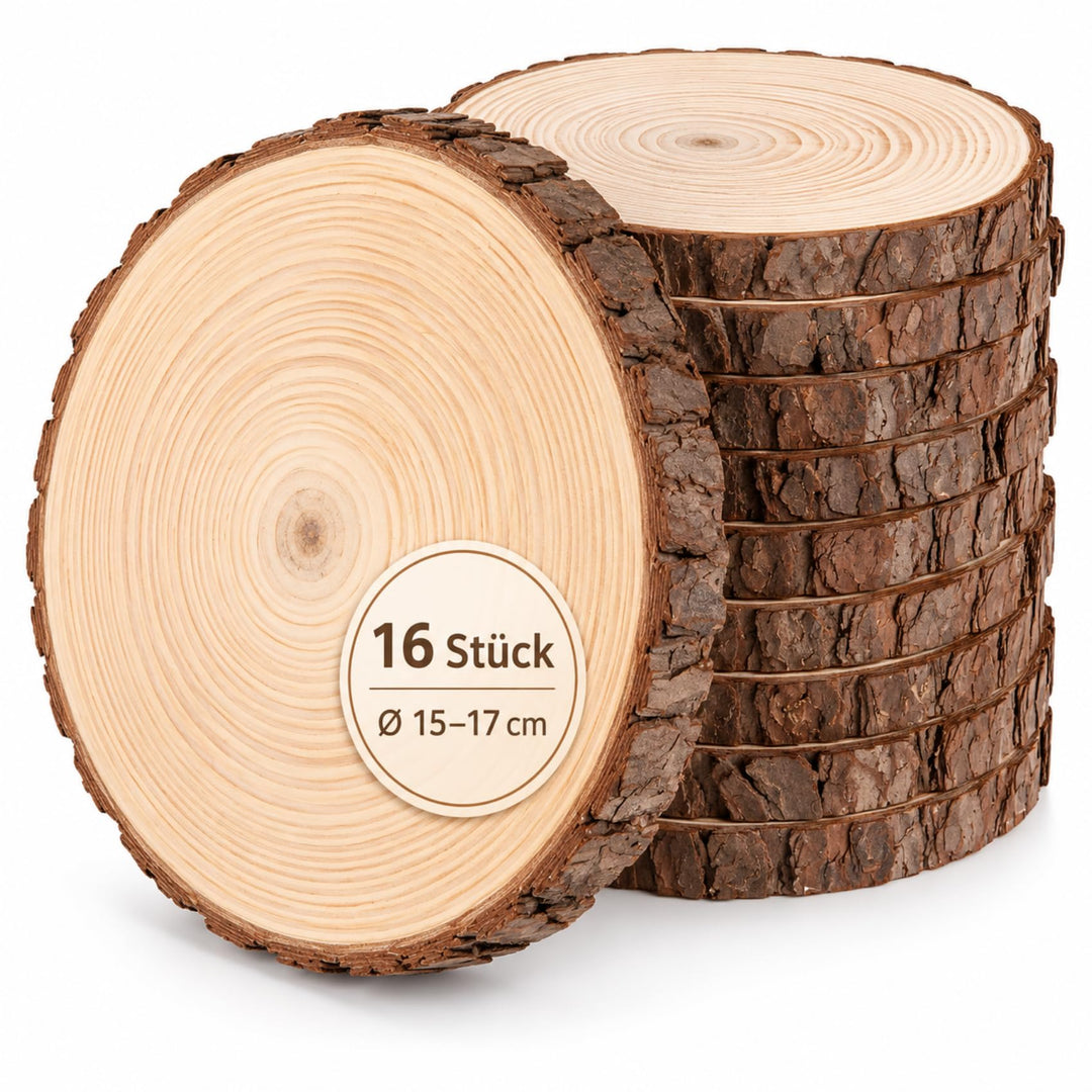 Holzscheiben 16er Set 15-17 cm Runde Baumscheiben ohne Loch – Unbehandelte Holz Log Scheiben aus Kie