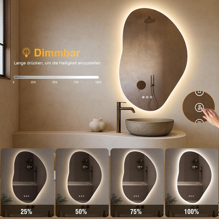 Spiegel mit Beleuchtung Asymmetrischer, LED Badspiegel mit Touch-Schalter, 3 Lichtfarbe, Dimmbar, Be