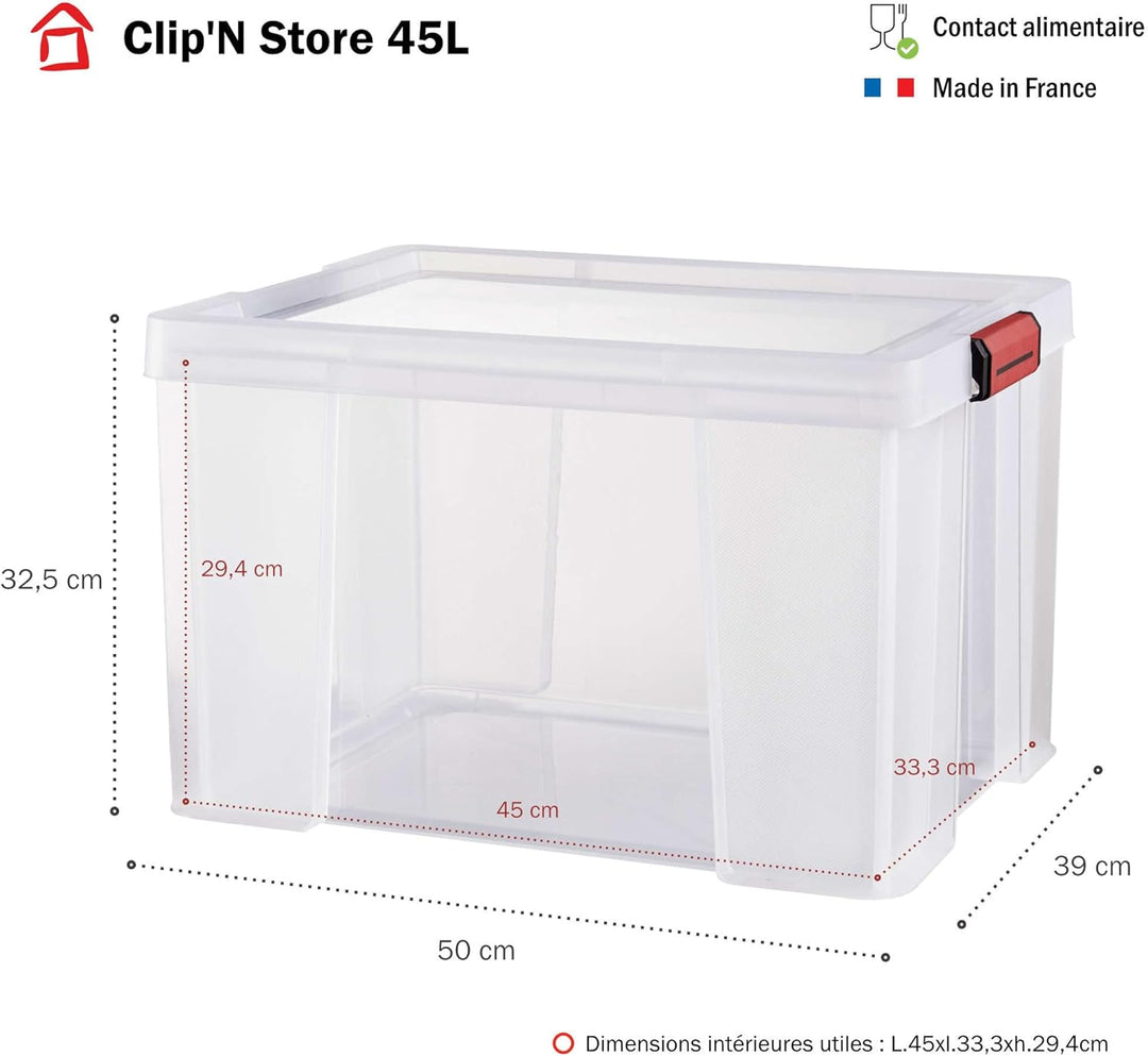 SUNDIS Clip'N Store, 3er-set Aufbewahrungsboxen 45l mit Schnappdeckel, transparentem Kunststoff, ver