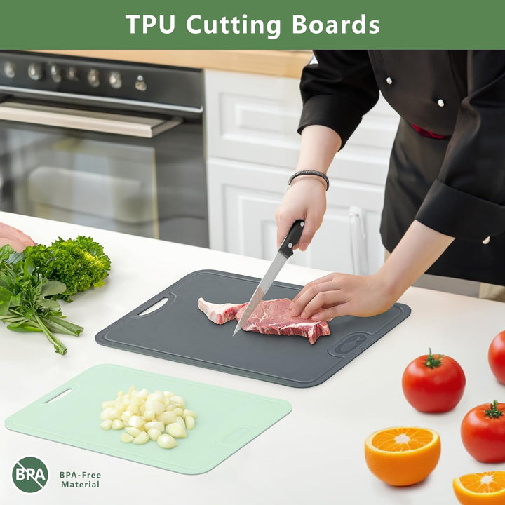 Gintan 2 Pack Flexibles TPU Schneidebrett, BPA-frei, mit Messer- und Saftrille, kratzfeste flexible