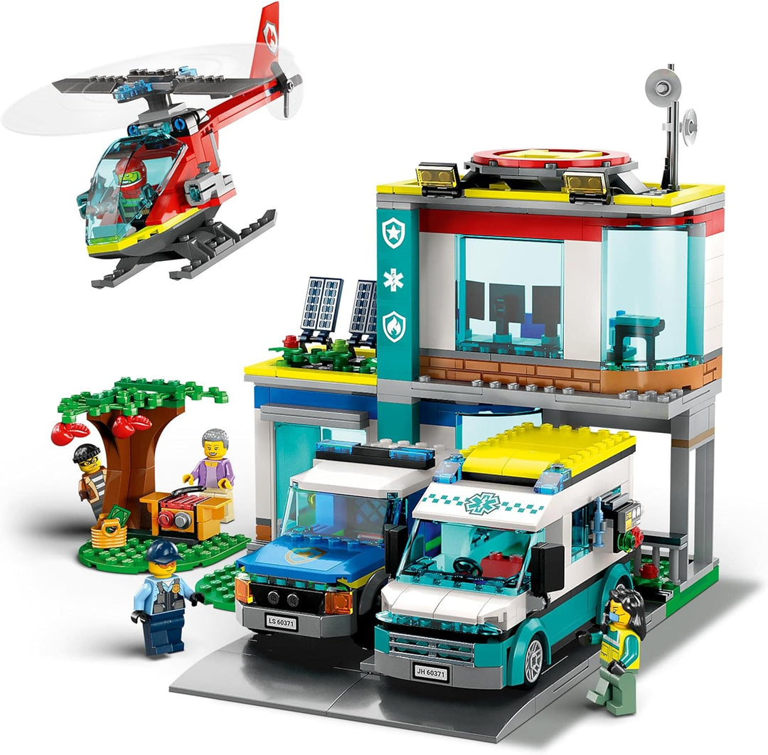 LEGO 60371 City Hauptquartier der Rettungsfahrzeuge mit Feuerwehr-Hubschrauber, Krankenwagen, Motorr