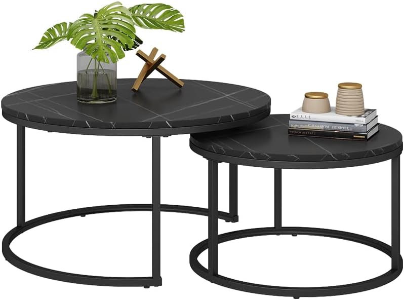 Vicco Couchtisch-Set Montreal, Schwarz/Schwarzer Marmor, 77 x 40 cm 2 Teile 2er Set Schwarz, 2er Set