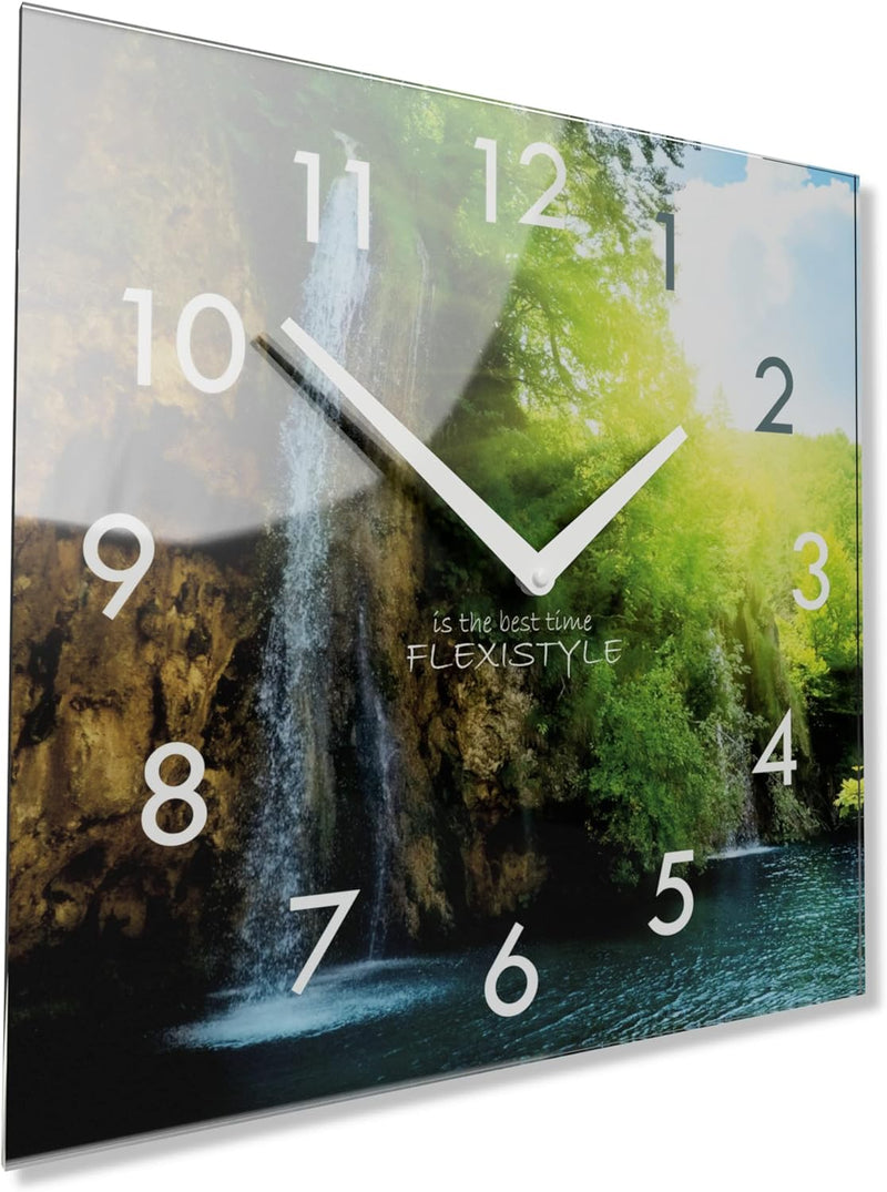 FLEXISTYLE Wanduhr küche Wohnzimmer 30 x 30 cm, aus Glas, mit Direktdruck eckig modern (Wasserfall),