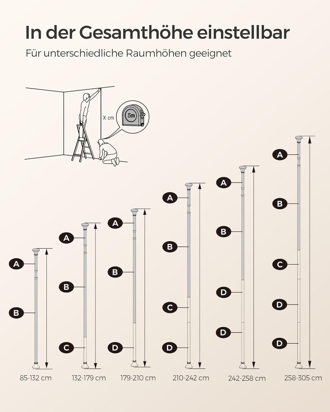 SONGMICS 85-305 cm Duschregal für Badezimmer mit Teleskoprohren und 4 Ablagen BCB001A Weiss/Flyaway