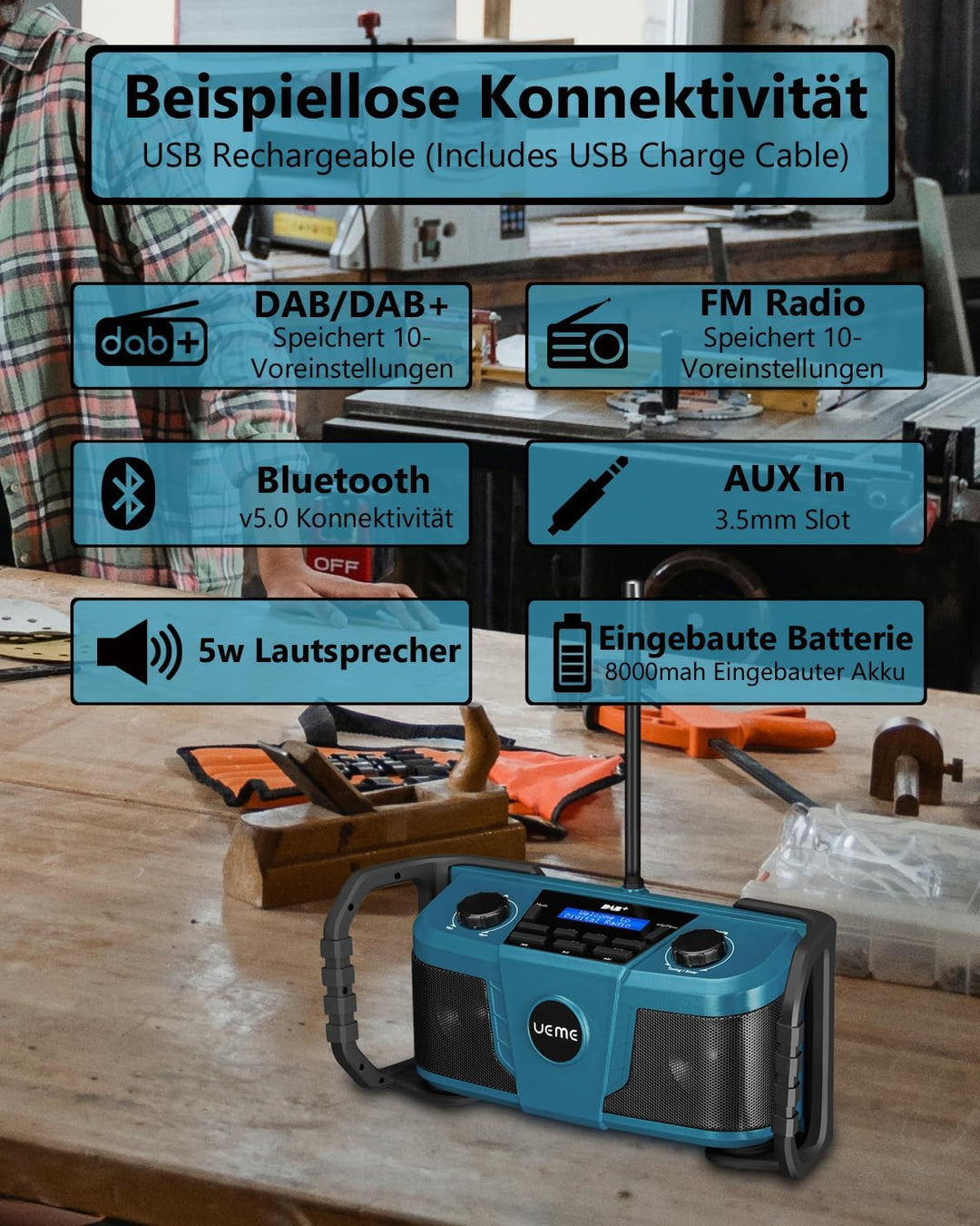 UEME DAB Plus Radio Baustellenradio Mit Akku,Outdoor Radio Mit Bluetooth, DAB+, FM Und Aux, Inklusiv