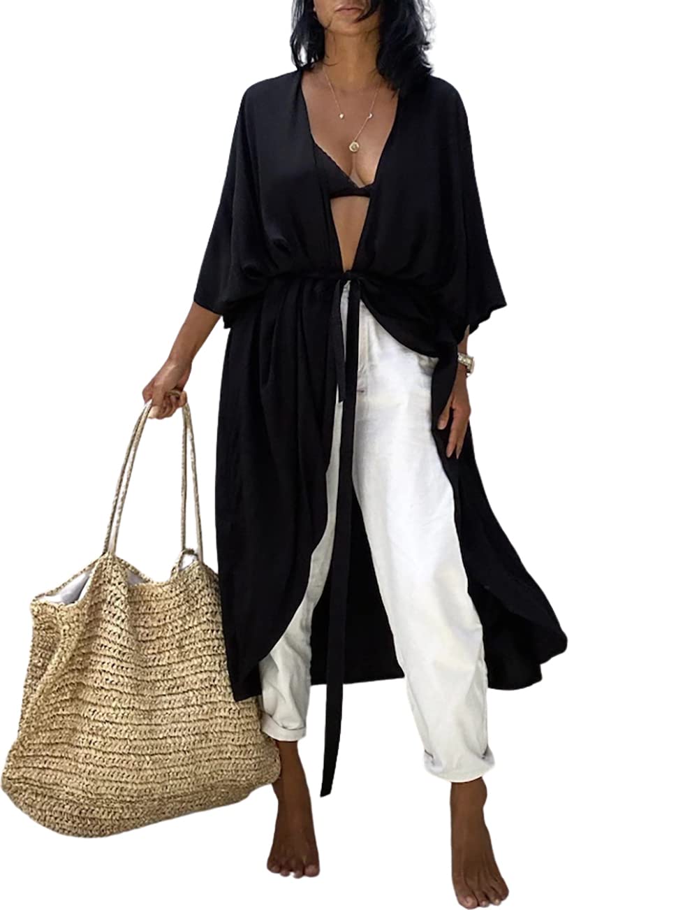 Bsubseach Damen Lange Strand Strandponcho für Bademode Sexy Bikini Beach Kimono Strickjacke A-schwar