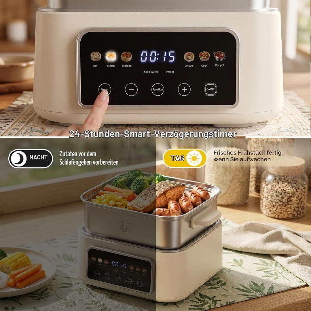 Fulgutonit 304 Edelstahl Elektrischer Dampfgarer 12.5L | 2 Ebenen, 6 Smart-Programme,24h Timer, Damp