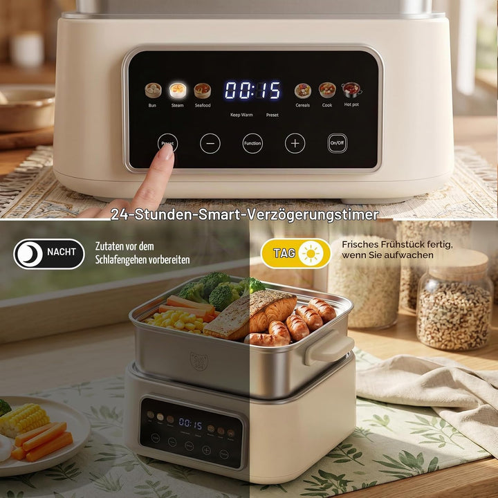 Fulgutonit 304 Edelstahl Elektrischer Dampfgarer 12.5L | 2 Ebenen, 6 Smart-Programme,24h Timer, Damp