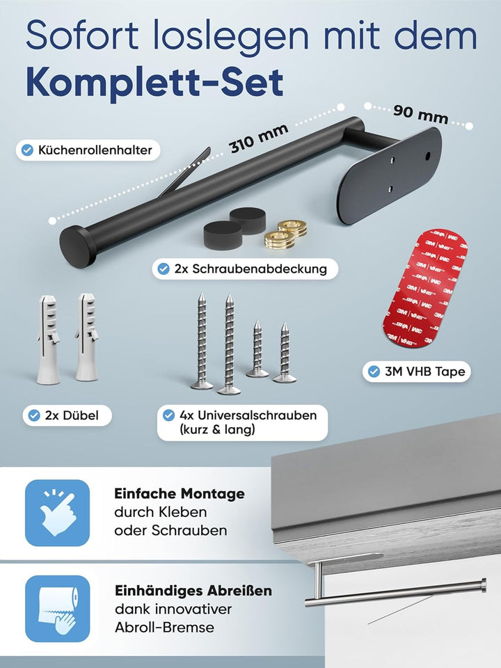 WOHNHELD® Küchenrollenhalter ohne Bohren [Mit Abroll-Bremse] für einhändiges Abreissen - Edelstahl s