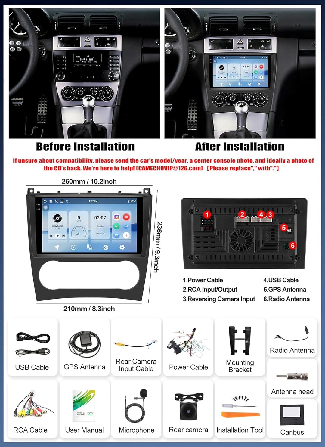 CAMECHO 4G+128G 4 Core Android 15 Autoradio mit Navi für Mercedes Benz C Klasse W203 W209 C180 C200