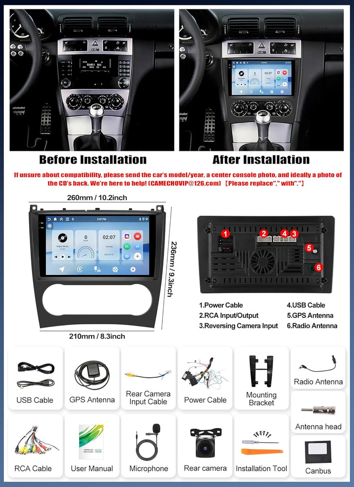 CAMECHO 4G+128G 4 Core Android 15 Autoradio mit Navi für Mercedes Benz C Klasse W203 W209 C180 C200
