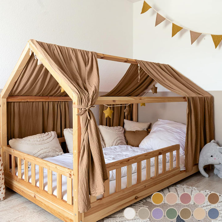 lilimaus Hausbett Himmel [Braun] - Betthimmel Hausbett aus 100% Baumwolle Musselin Handmade - Stoffh