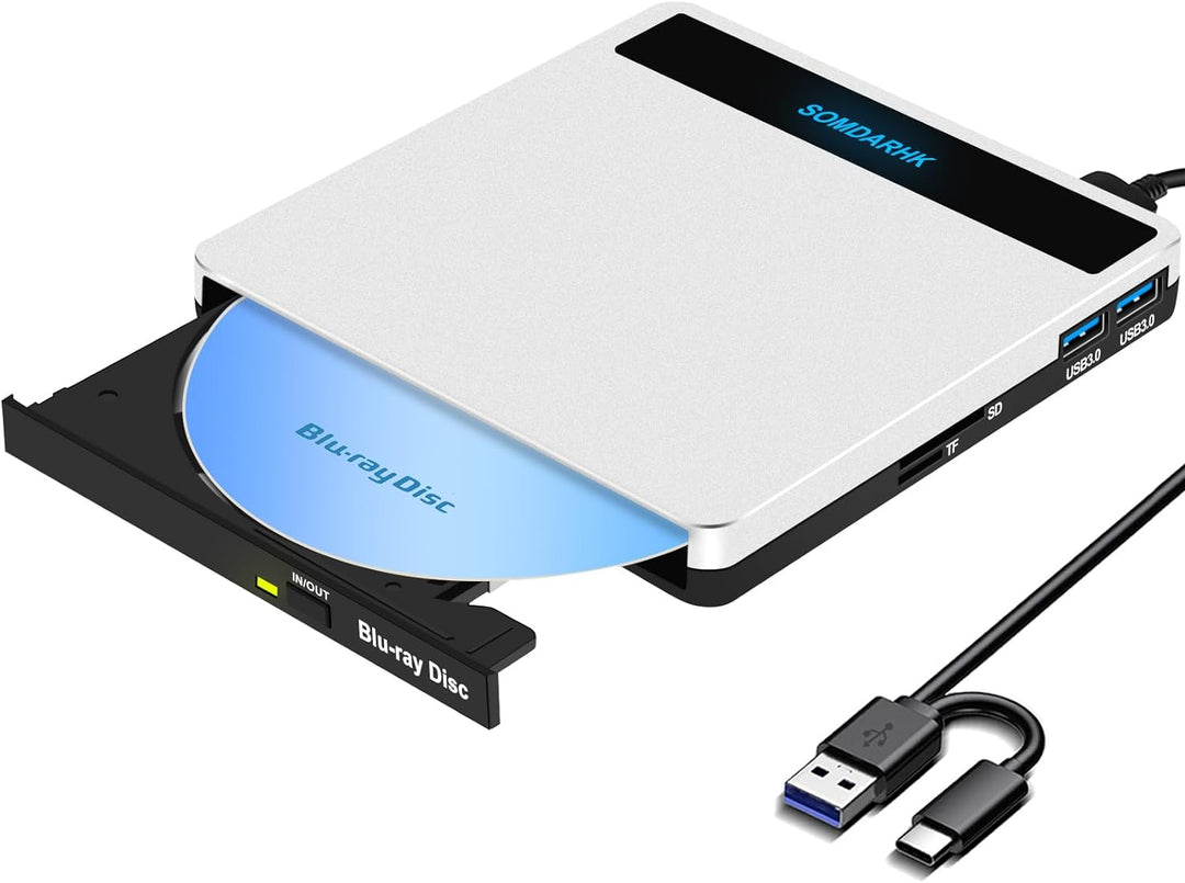 SOMDARHK Externes Blu Ray Laufwerk, USB 3.0 Type C Externer CD DVD Brenner mit SD/TF Slot & 2 USB, T