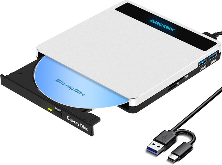 SOMDARHK Externes Blu Ray Laufwerk, USB 3.0 Type C Externer CD DVD Brenner mit SD/TF Slot & 2 USB, T