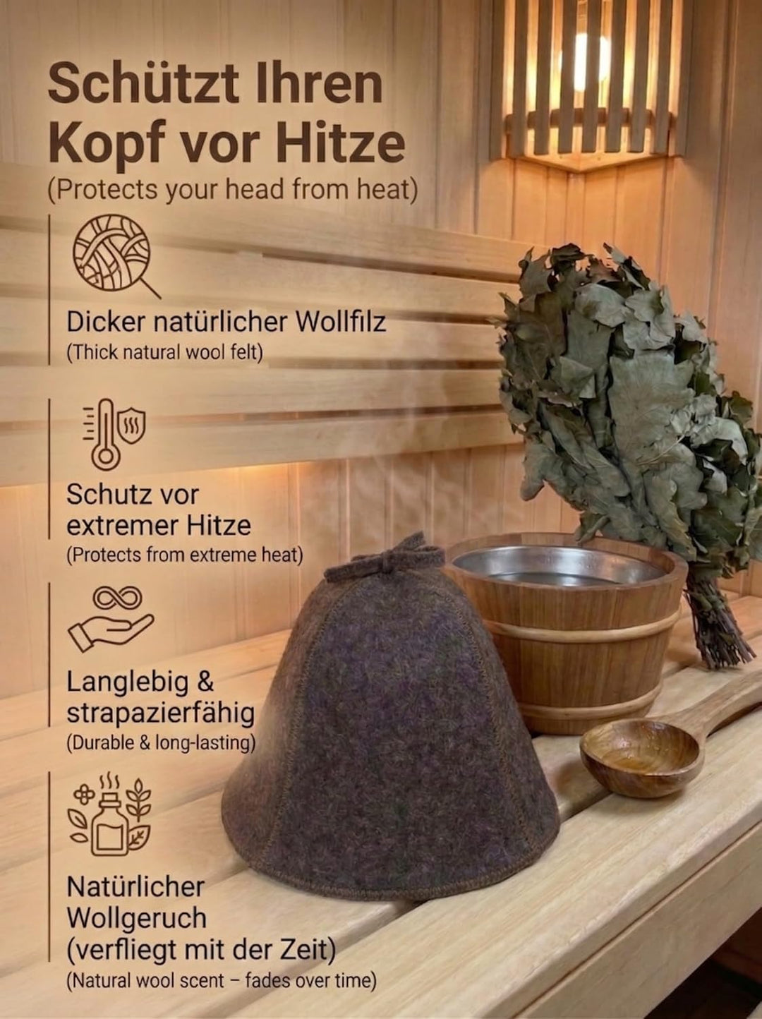 Ger3as Saunahut 100% Wollfilz mit Haken für Damen und Herren, Wellness Mütze Premium Qualität Filz S