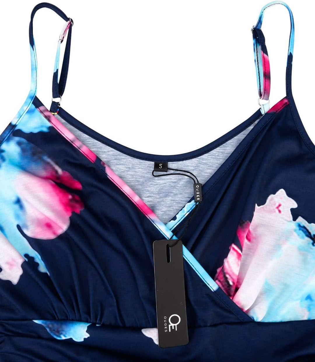 OUGES Kleid Damen Spaghettiträger Sommer Kleider Knielang V-Ausschnitt Strandkleid mit Taschen S Flo
