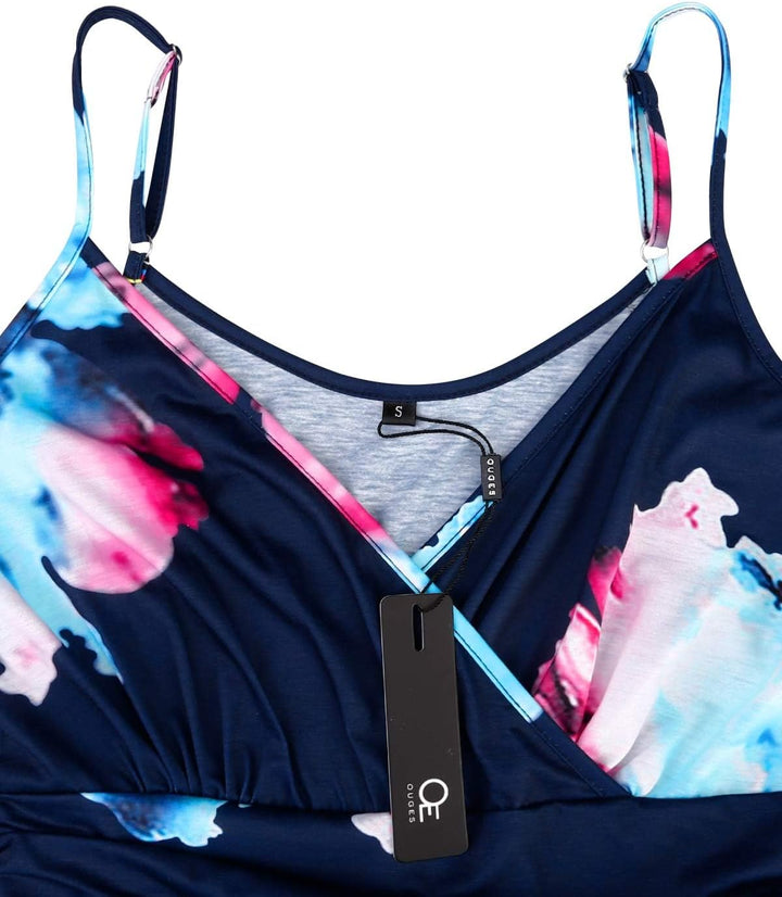 OUGES Kleid Damen Spaghettiträger Sommer Kleider Knielang V-Ausschnitt Strandkleid mit Taschen S Flo