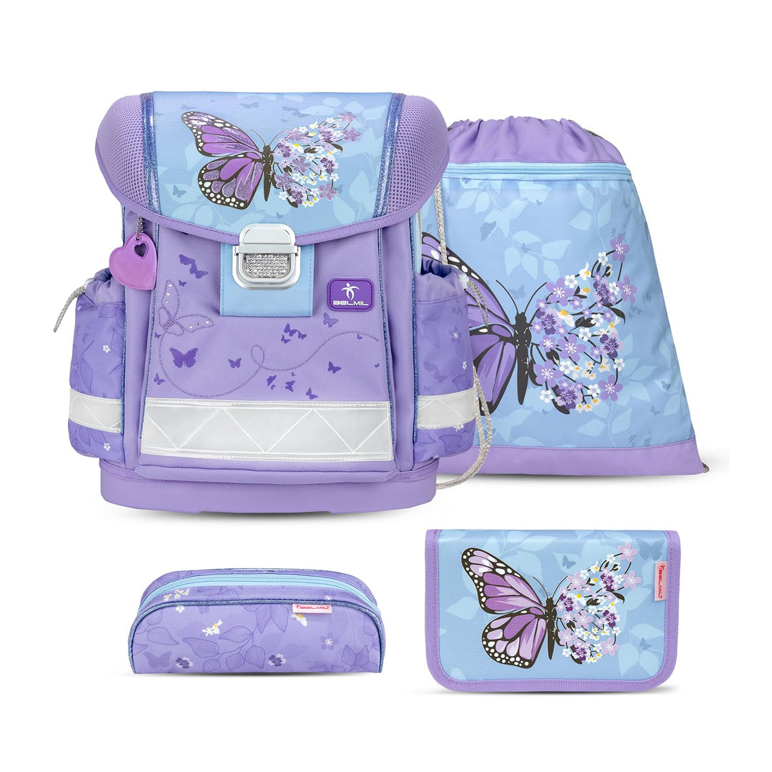 Belmil Classy Schulranzen Set 4 - teilig (403-13/AG/S) M Purple Blue Butterfly, M Purple Blue Butter