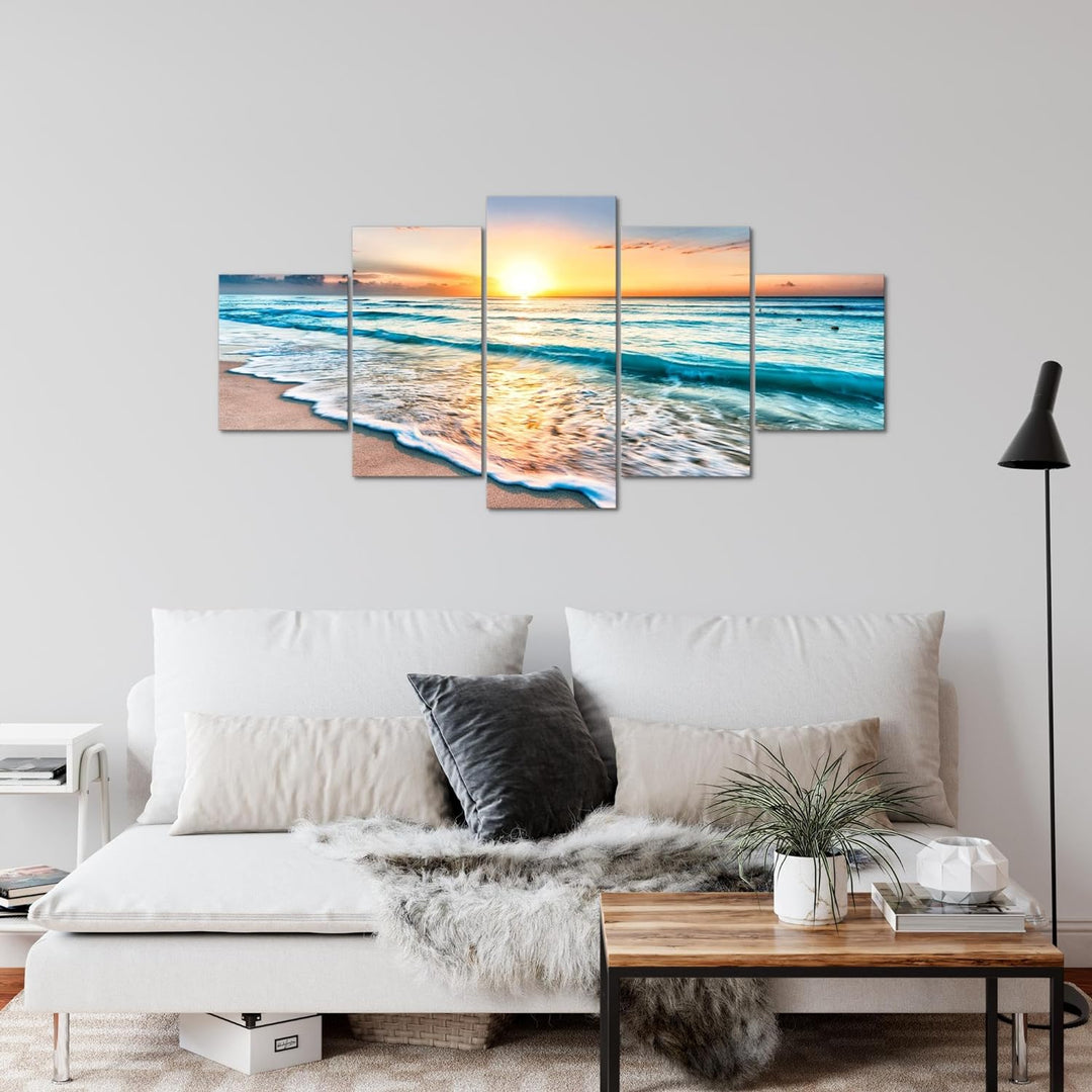 Runa Art Wandbilder Sonnenuntergang Strand 5 Teilig Bild auf Vlies Leinwand Deko Schlafzimmer Wohnzi