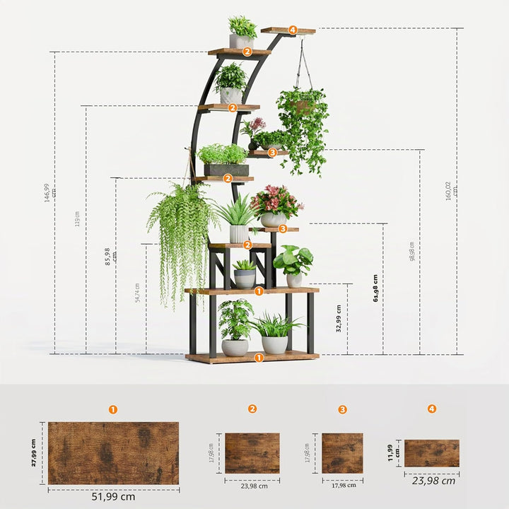 BACEKOLL Pflanzenregal mit Wachstumslicht - 9 Ebenen Blumenständer 160cm Metall Holz Pflanzenständer