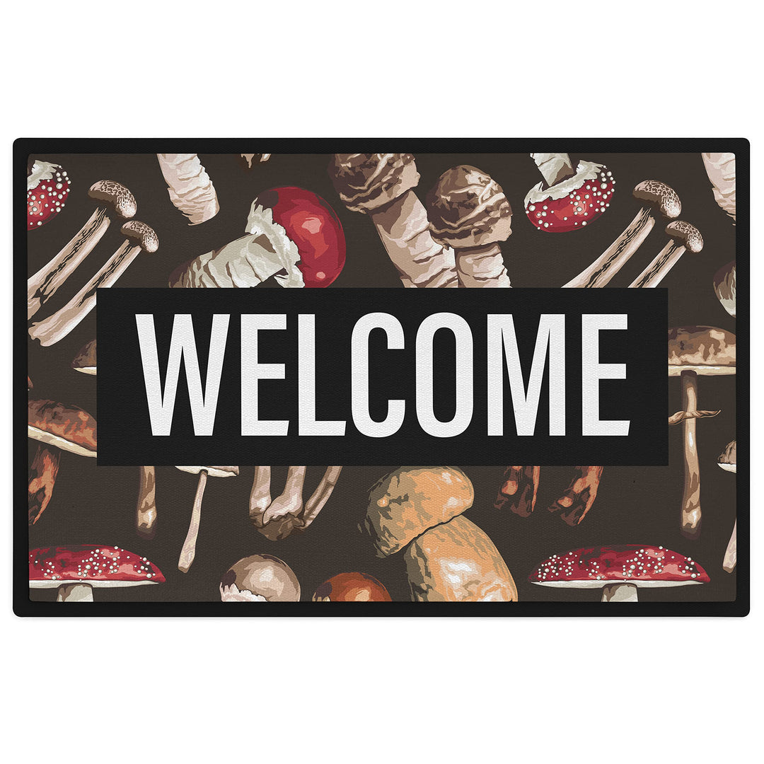 Trendation - Welcome Fussmatte Pilze Wald Muster Willkommen Geschenk Aussen Innenbereich 60x40 cm Sc