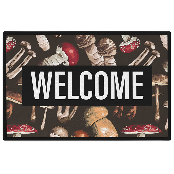 Trendation - Welcome Fussmatte Pilze Wald Muster Willkommen Geschenk Aussen Innenbereich 60x40 cm Sc