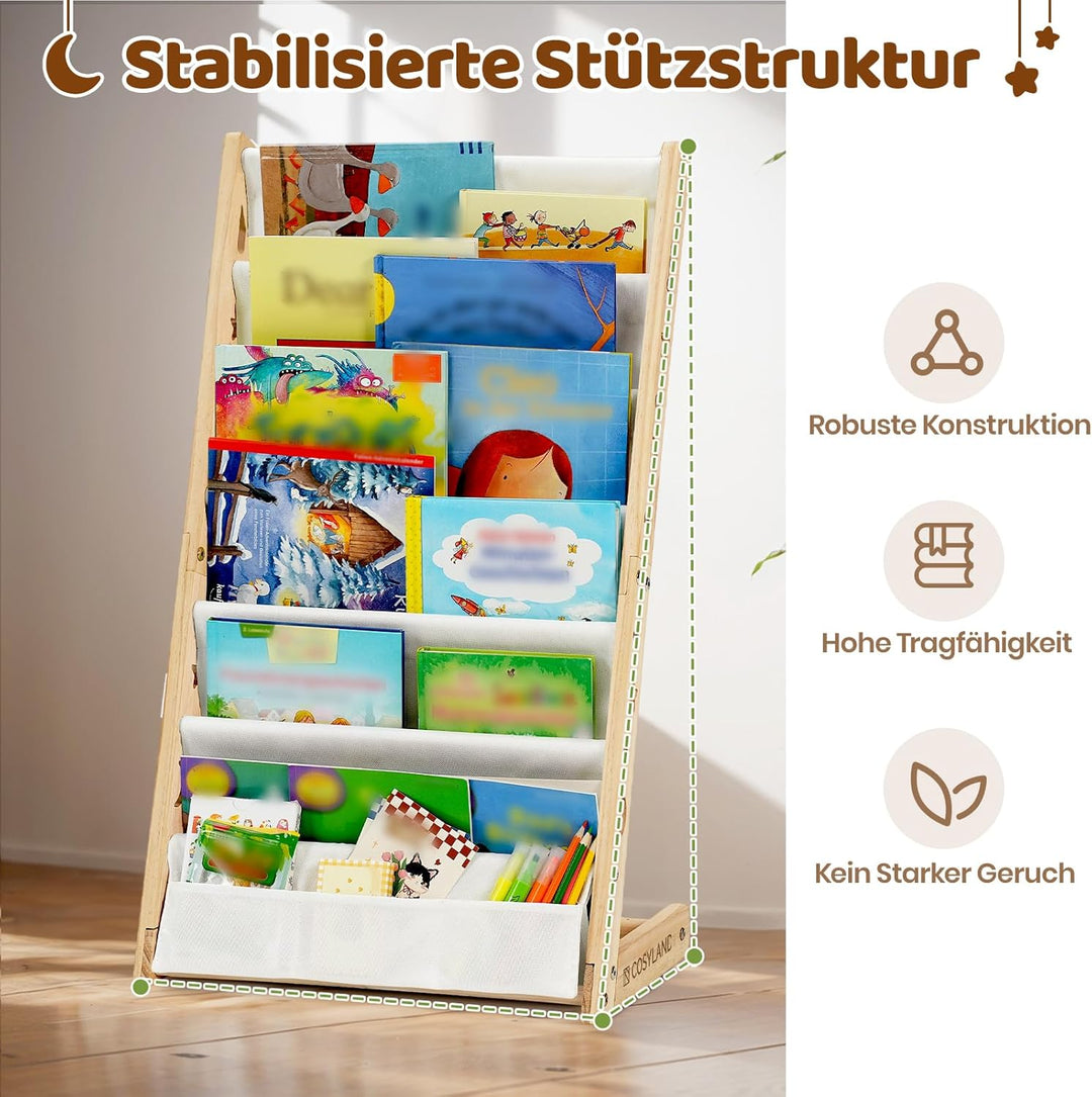 COSYLAND Bücherregal Kinder mit 6 Oxford-Stoff Fächern - Kinderbücherregal aus Naturholz - Bücherreg