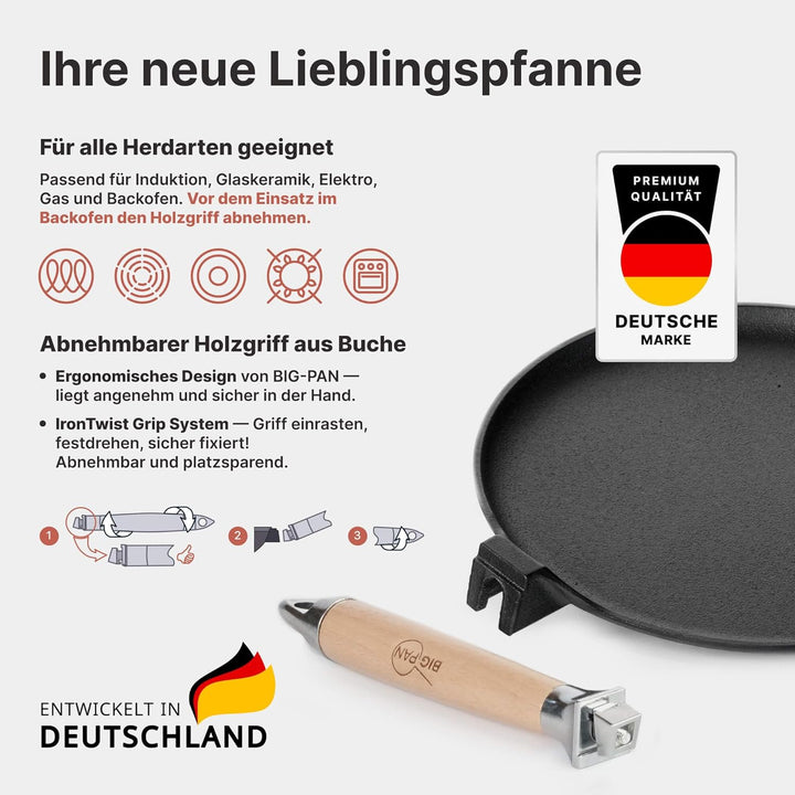 Premium Crêpepfanne Induktion 24 cm Pfannkuchenpfanne Pfanne Gusseisen UNBESCHICHTET sandgestrahlt u
