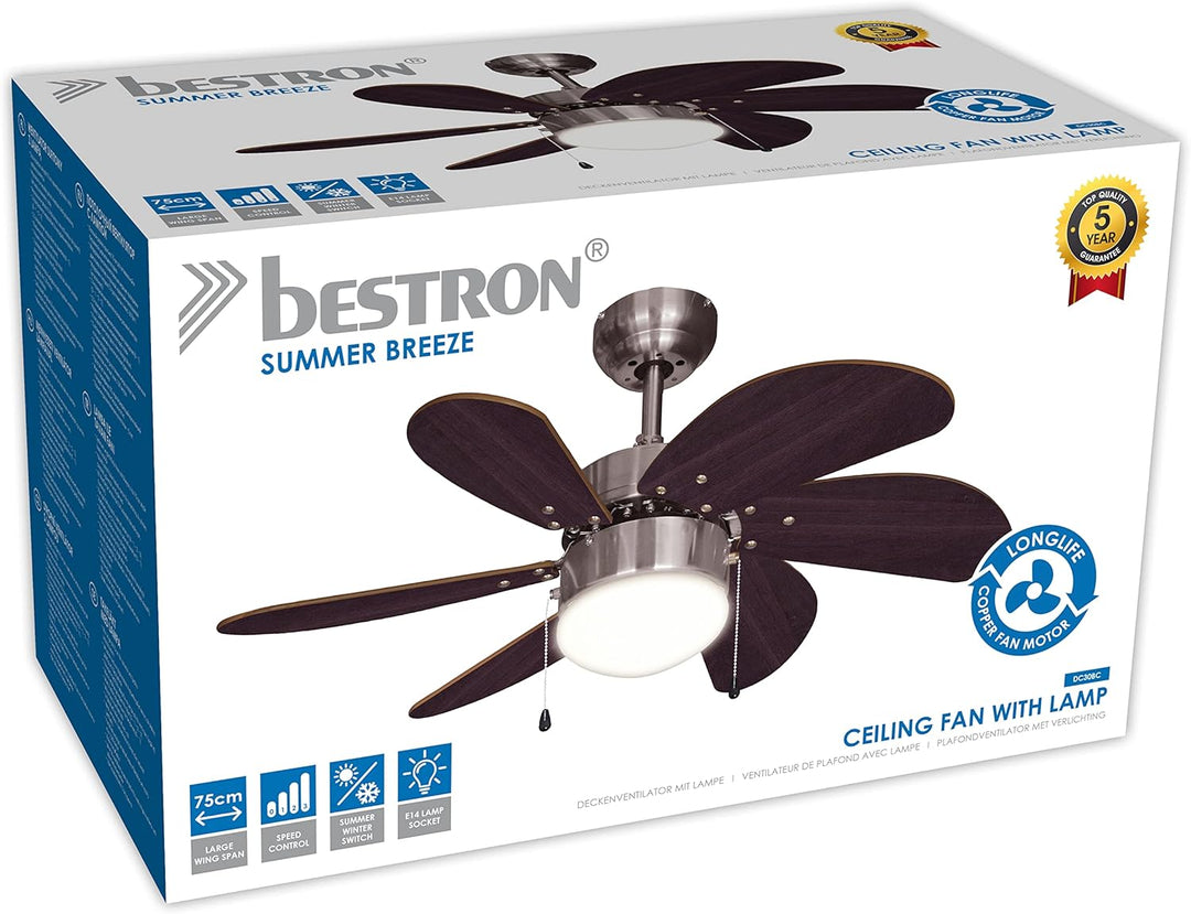 Bestron Deckenventilator mit Beleuchtung, 3 Geschwindkigkeitsstufen & grosse Flügelspannweite von Ø7