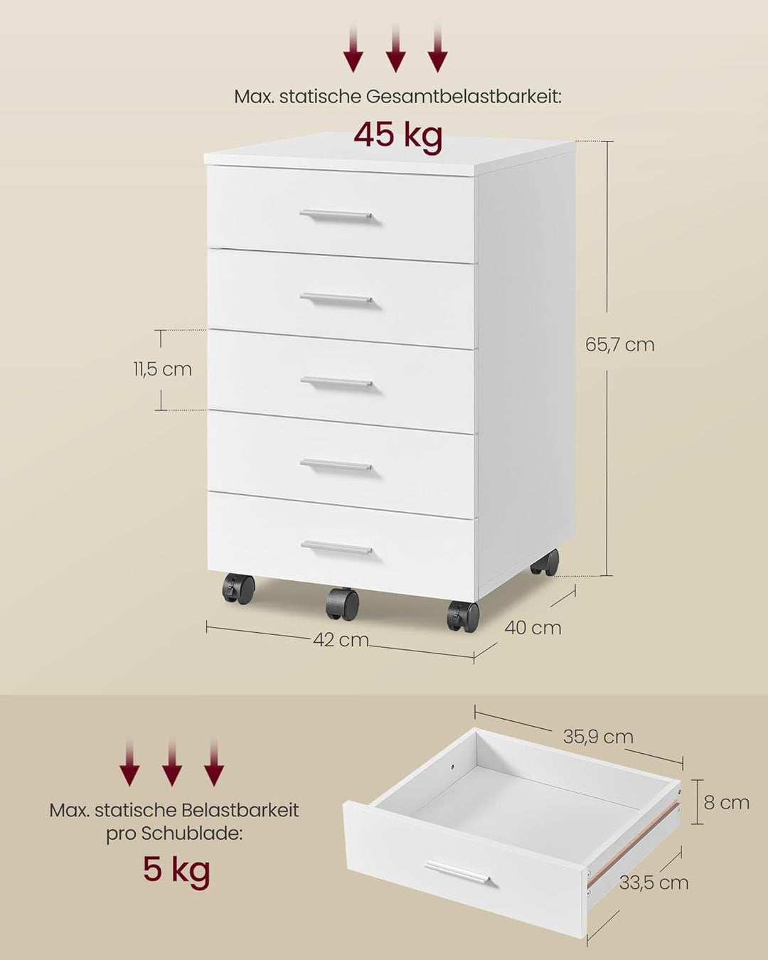 VASAGLE Rollcontainer, mobiler Aktenschrank, Schubladenschrank, Druckerständer mit 5 Schubladen, mit