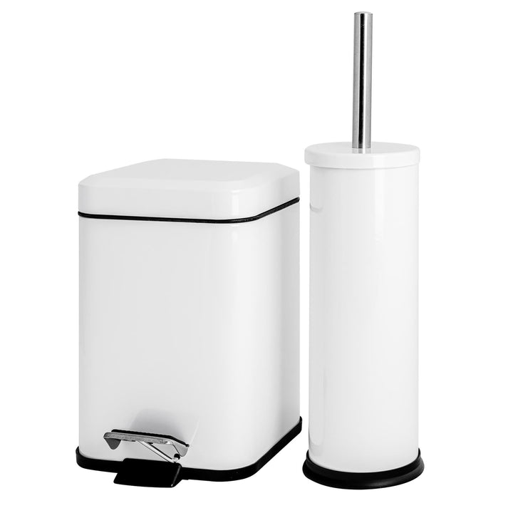 Rink Drink Badezimmer-Set - Eckiger Mülleimer mit Pedal & Toilettenbürste - Weiss - 3 l, Weiss