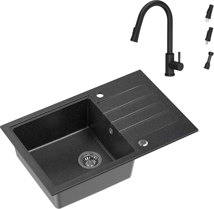 VBChome Spüle mit Armatur 78 x 50 cm Tiefes Becken 20cm Schwarz Küche 2 Leistunsstufen Grosse Abtrop