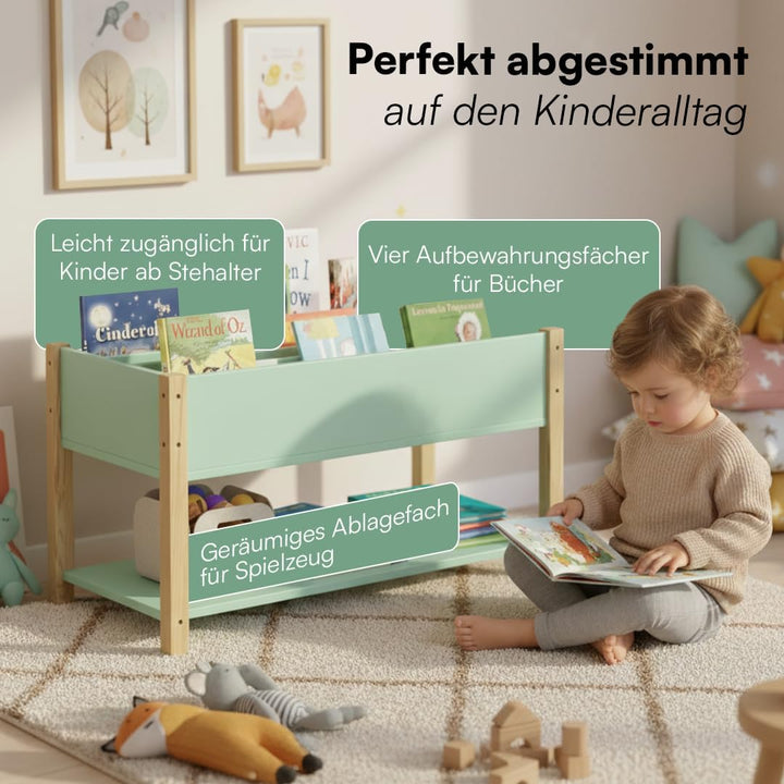 Bellabino Teme Bücherregal Kinderzimmer – Kinderbücherregal mit 4 Fächern – Montessori Bücherregal m