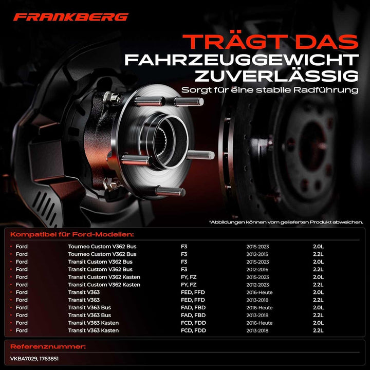 Frankberg Radnabe Radlagersatz Hinten Kompatibel mit Tourneo Custom V362 FY FZ F3 2.0L 2015-2021 Tra