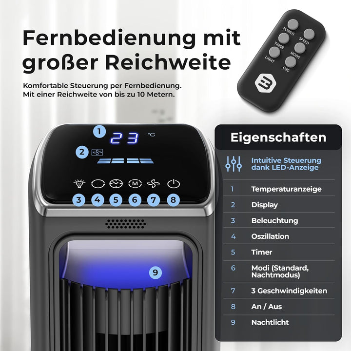 Balter Turmventilator mit Fernbedienung, Ventilator leise 106 cm, Standventilator mit Oszilation, mo