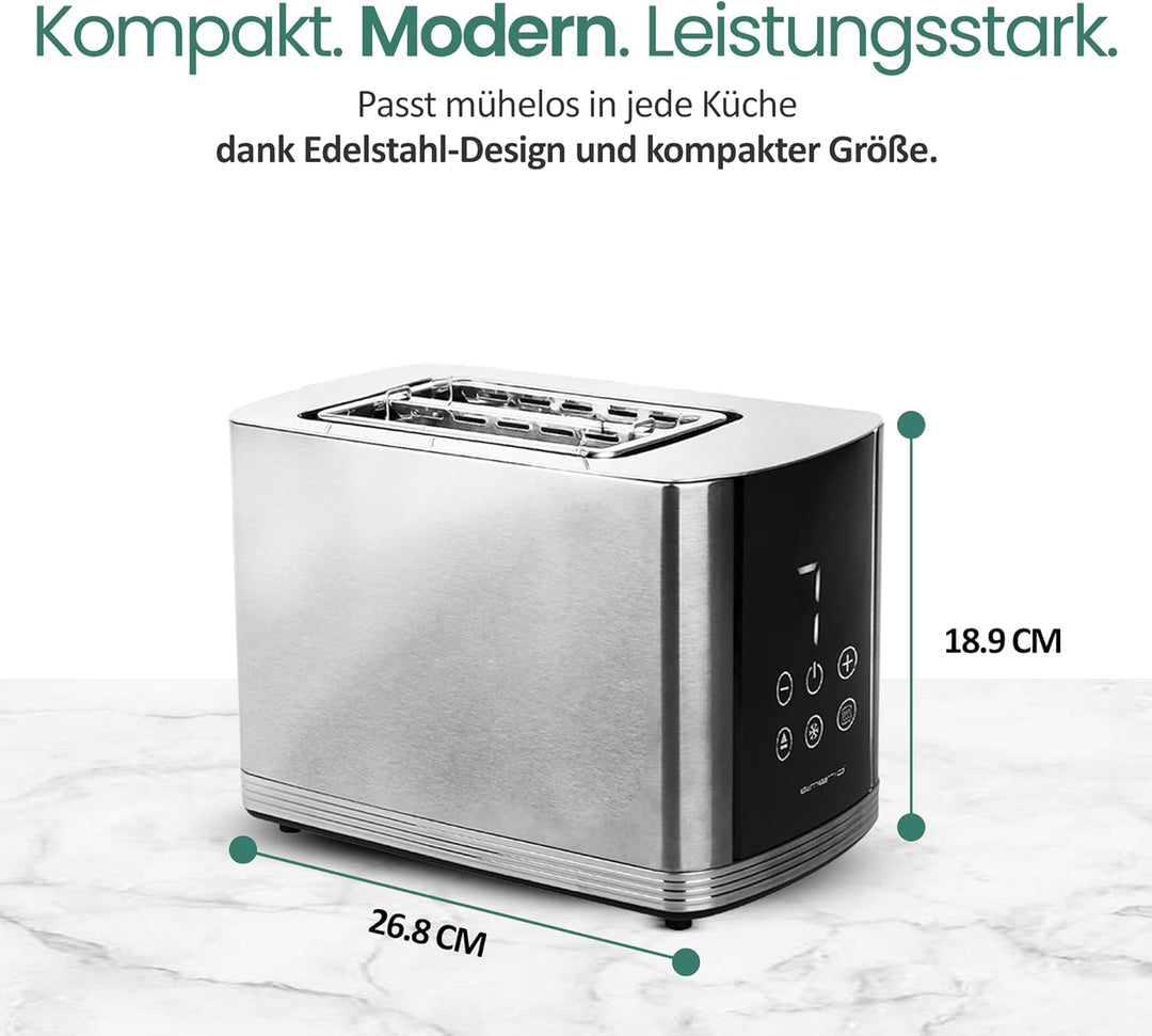 EMERIO Edelstahl Toaster mit grossem Display | 2 Toastschlitze | Zentrierautomatik | Krümelschublade