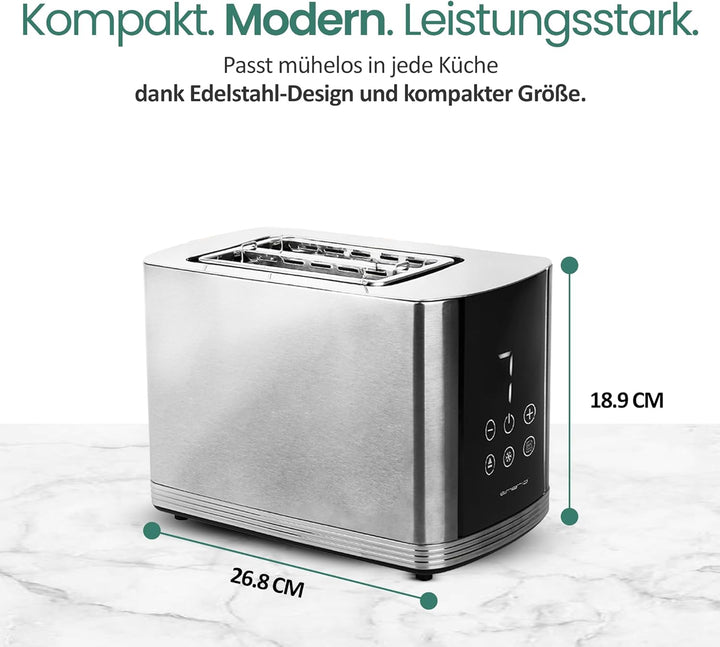 EMERIO Edelstahl Toaster mit grossem Display | 2 Toastschlitze | Zentrierautomatik | Krümelschublade