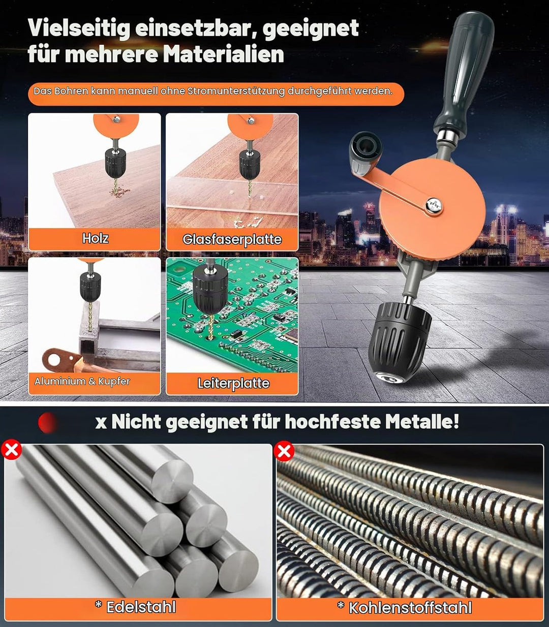 Housolution Handbohrmaschine, Leistungsstark 3/8 Zoll (1-10mm) mit 13 Bohrspitzen Spannfutter Stahlg