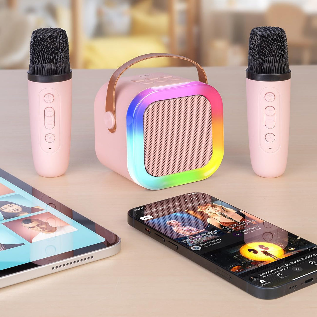 auvisio Karaoke Lautsprecher: 2er-Set Karaoke-Maschinen, 4 Mikrofonen,RGB-LEDs,Bluetooth,USB,microSD