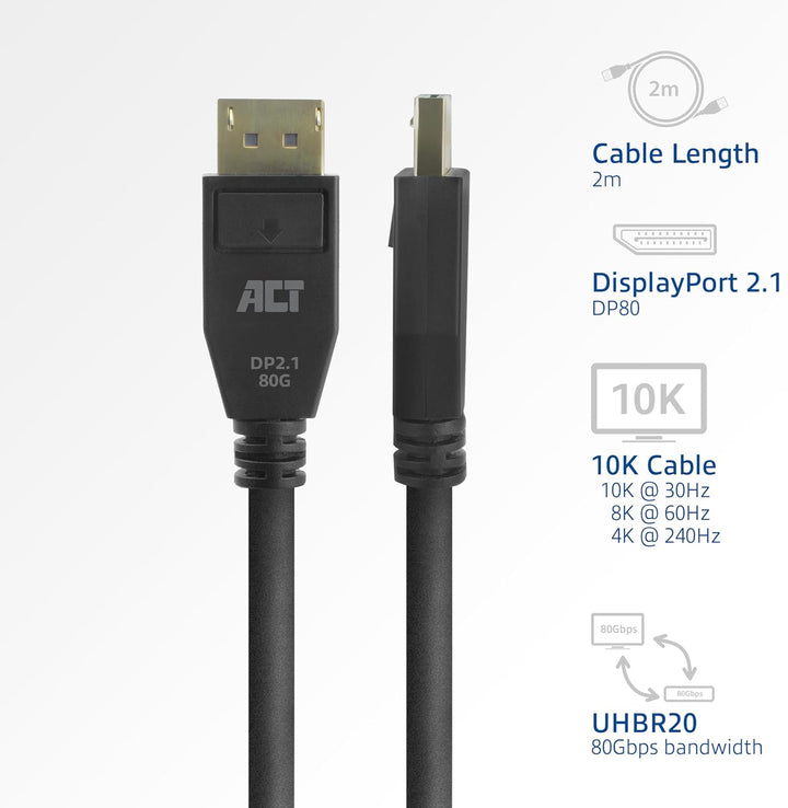 ACT DisplayPort 2.1 Kabel, 2m, 80 Gbps UHBR20, Unterstützt 10K@30Hz/8K@60Hz/4K@240Hz, DP80 - AK4082,