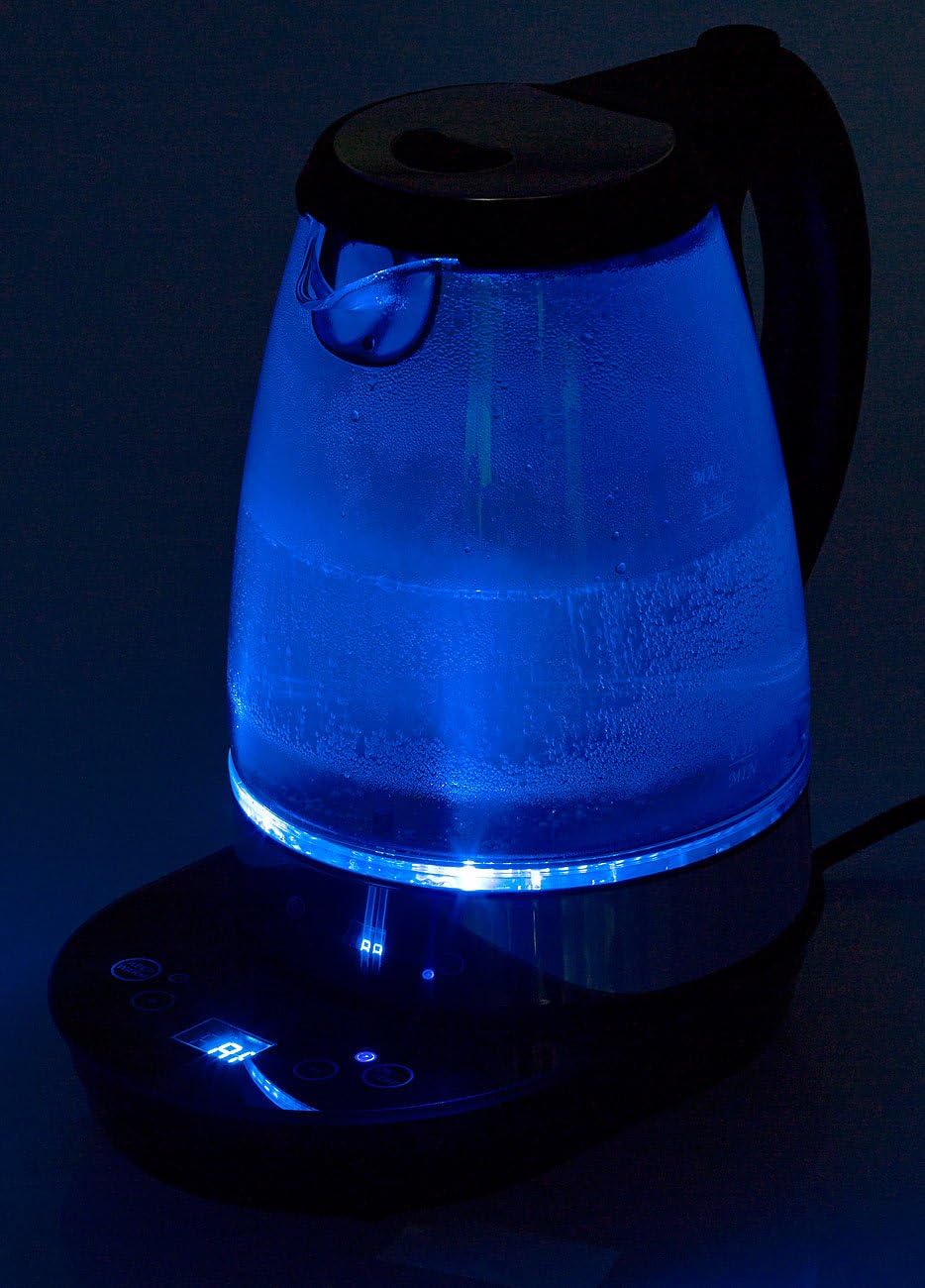 Rosenstein & Söhne Wasserkocher LED: Digitaler Glas-Wasserkocher, Temperaturwahl, Display, 2.200 W,