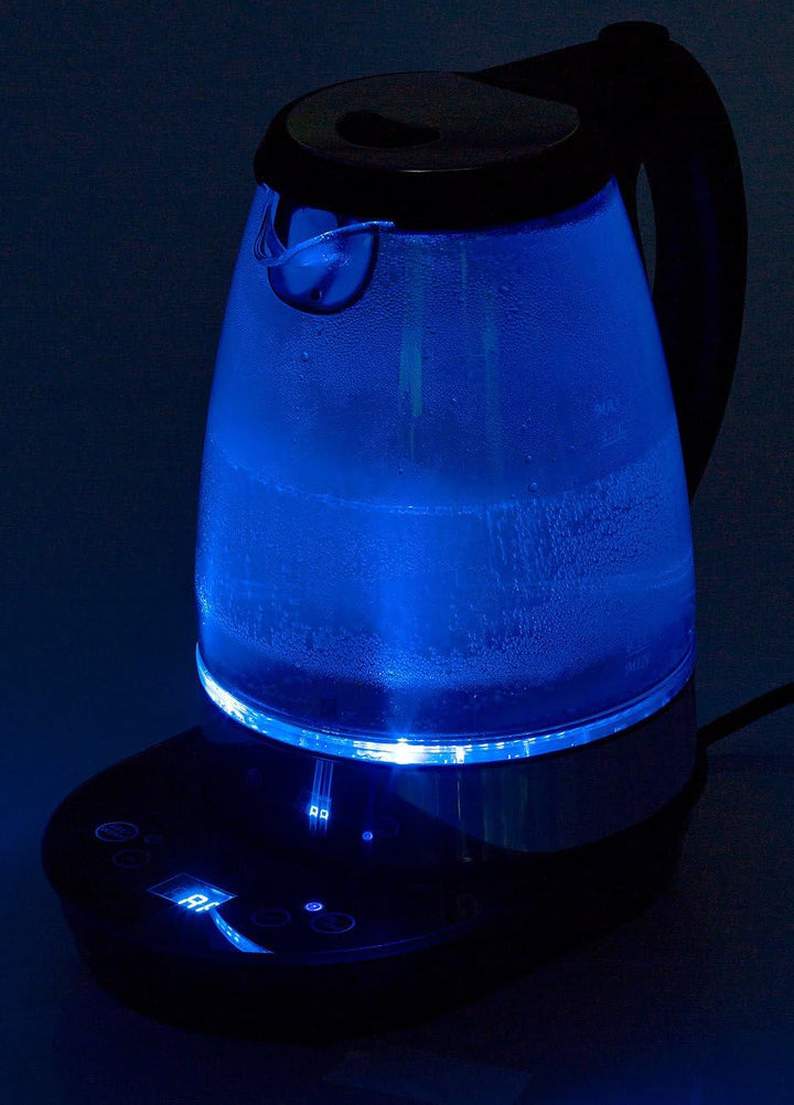 Rosenstein & Söhne Wasserkocher LED: Digitaler Glas-Wasserkocher, Temperaturwahl, Display, 2.200 W,