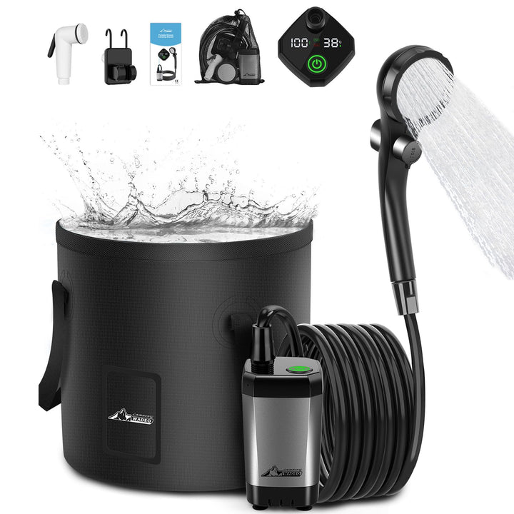 WADEO Tragbare Campingdusche Akku mit Pumpe und Duscheimer, Outdoor-Camping-Duschset mit Akku, Mobil