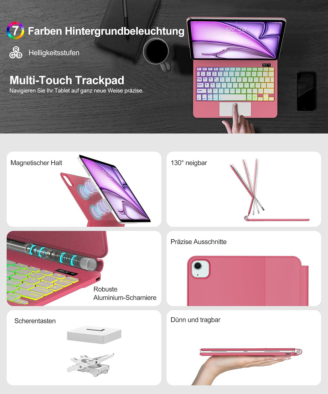 JADEMALL Magic Keyboard für iPad Air 11" (M4 2026/M3 2025/M2 2024) - QWERTZ Tastatur mit Beleuchtung